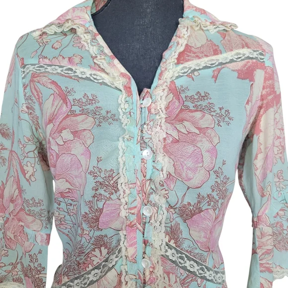 Odille Anthropologie Teal and Pink Vintage Floral Lace Trim Blouse Womens Size 2 - Picture 6 of 10
